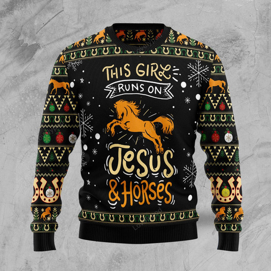 FUNSTUFFPRINT Girls run on jesus and horses Ugly Christmas Sweater, Christmas Sweatshirt Gift for Man Women Ugly Sweater