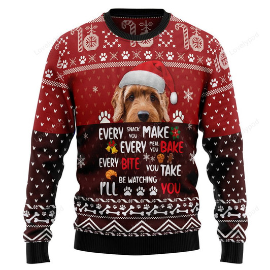 FUNSTUFFPRINT Goldendoodle Will Be Watching You Ugly Christmas Sweater, Christmas Sweatshirt Gift for Dog lover Ugly Sweater