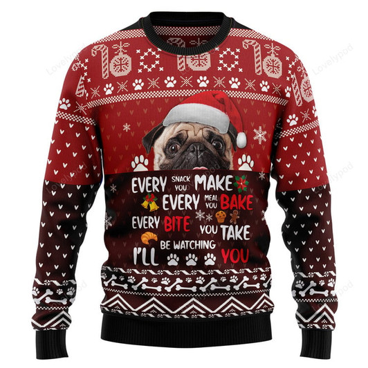 FUNSTUFFPRINT Pug Will Be Watching You Ugly Christmas Sweater, Christmas Sweatshirt Gift for Dog lover Ugly Sweater