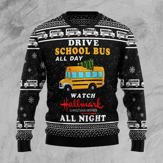 FUNSTUFFPRINT School Bus All Day Ugly Christmas Sweater, Christmas Sweatshirt Gift for Dog lover Ugly Sweater