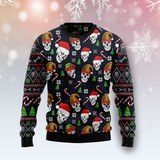FUNSTUFFPRINT Skull Face Ugly Christmas Sweater, Custom Ugly sweater for men and womenUgly Sweater