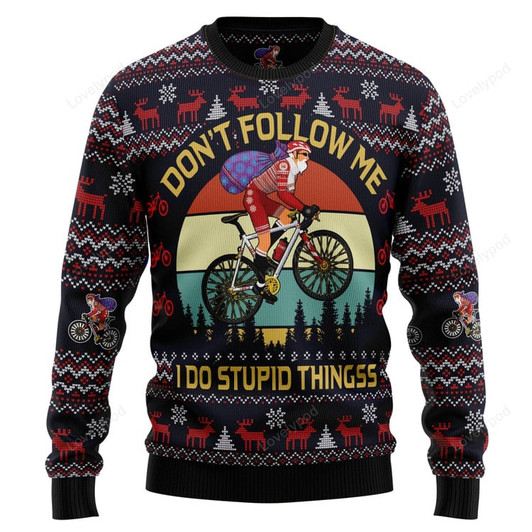 FUNSTUFFPRINT Satan Claus on Mountain Bike Ugly Christmas Sweater, Funny ugly christmas sweater for men and women Ugly Sweater