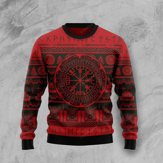 FUNSTUFFPRINT Viking Vegvisir Ugly Christmas Sweater, Xmas Lover Ugly Sweatshirt, Gift For Christmas Lover, Christmas Sweater Ugly Sweater