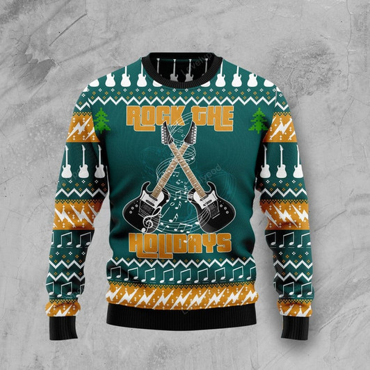 FUNSTUFFPRINT Guitar Rock The Holiday Ugly Christmas Sweater, Xmas Lover Ugly Sweatshirt, Gift For Christmas Lover, Christmas Sweater Ugly Sweater