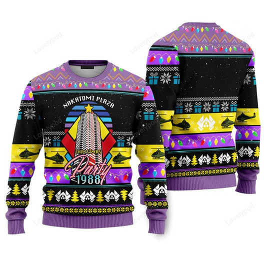 FUNSTUFFPRINT Purple Christmas Party 1988 Nakatomi Plaza Ugly Christmas Sweater For Men & Women Ugly Sweater
