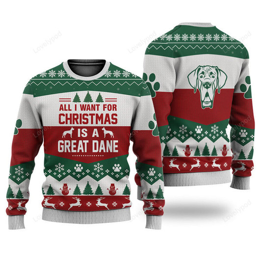 FUNSTUFFPRINT Great Dane All I Want For Christmas Ugly Christmas Sweater, Custom Dog Christmas sweatshirt, Christmas gifts Ugly Sweater