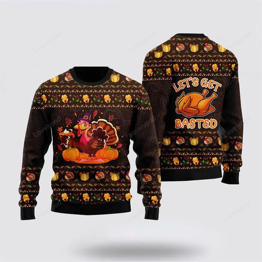 FUNSTUFFPRINT Lets Get Basted Turkey Ugly Christmas Sweater For Men And Women, Farm Ugly Sweater, Christmas Fashion Winter Ugly Sweater