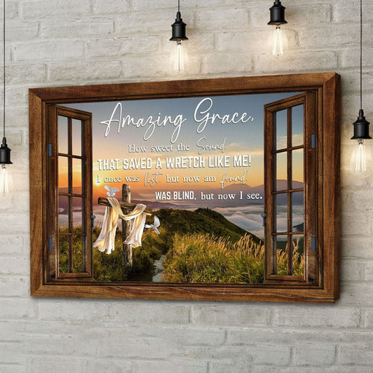 Christian Wall Art Amazing Grace How Sweet The Sound Cross Mountain Canvas Print - Religious Wall Decor