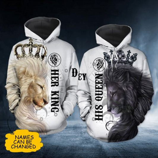 FUNSTUFFPRINT Personalized Lion Couple 3D All Over Hoodie Her King His Queen  3D Hoodie and Zip Hoodie