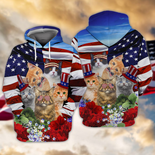 FUNSTUFFPRINT Cat - US Flag  3D Hoodie and Zip Hoodie