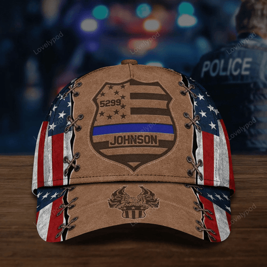 FUNSTUFFPRINT Custom Police Badge Cap, Police Badge Custom Name and Number Police Hat for Dad, Police 3D Cap for Him-SBC-11309
