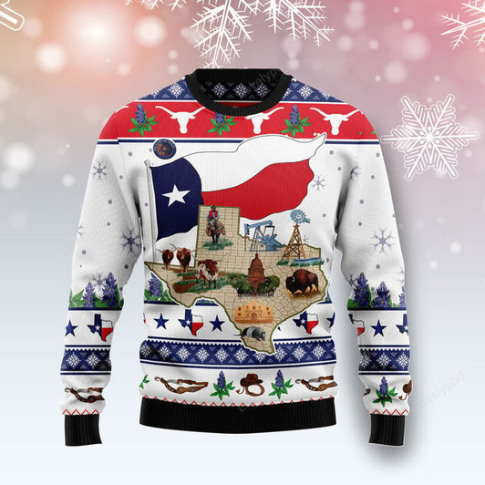 FUNSTUFFPRINT Texas Our Texas Bluebonnet ugly christmas sweater, couples matching, friends, funny family ugly christmas holiday sweater gifts Ugly Sweater