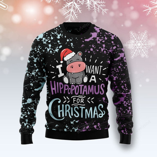 FUNSTUFFPRINT Hippopotamus Christmas Ugly Christmas Sweater, Christmas ugly sweatshirt, Christmas gifts Ugly Sweater