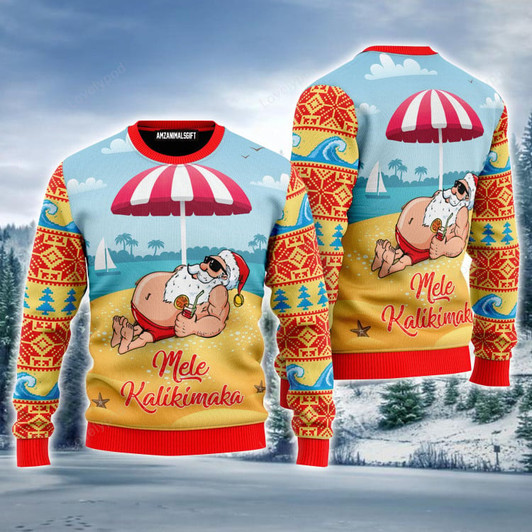 FUNSTUFFPRINT Santa Claus Mele Kalikimaka Beach Ugly Christmas Sweater, Christmas Pattern Ugly Sweater For Men and women Ugly Sweater