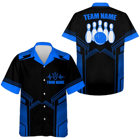Custom Hawaiian Bowling Shirt For Men, Custom Blue Bowling Jersey Men's Bowling Team Shirt