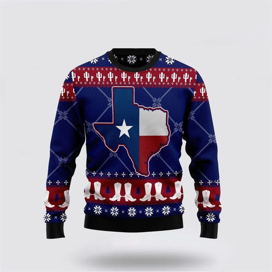 FUNSTUFFPRINT Texas Map And Cowboy Boots Pattern Ugly Christmas Sweater, Farm Sweater, Christmas Gift, Best Winter Outfit Christmas Ugly Sweater