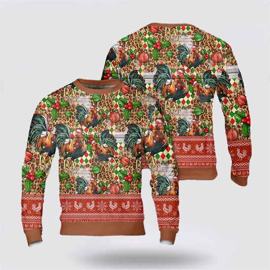 FUNSTUFFPRINT Christmas Leopard Chicken Seamless Pattern Ugly Christmas Sweater, Farm Sweater, Christmas Gift, Best Winter Outfit Christmas Ugly Sweater
