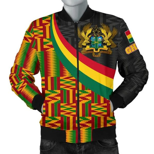 FUNSTUFFPRINT Ghana Men’s Bomber Jacket – Ghana Coat Of Arms and Kente Patterns – BN18 Bomber Jacket