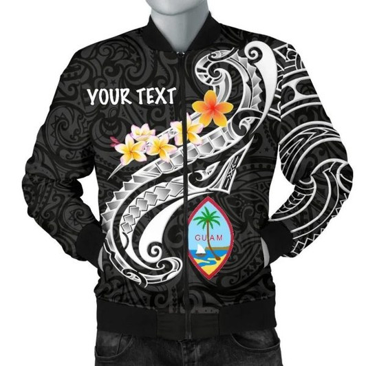FUNSTUFFPRINT Guam Personalised Men’s Bomber Jacket – Guam Seal Polynesian Patterns Plumeria (Black) – BN25 Bomber Jacket