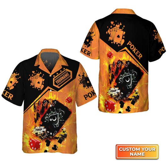 Custom Poker Royal Flush On Fire Personalized Name 3D Hawaiian Shirt For Poker Players