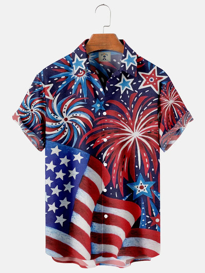 Vintage American Flag Fireworks Pocket Short Sleeve Shirt, 4th Of July Hawaiian Shirt for men