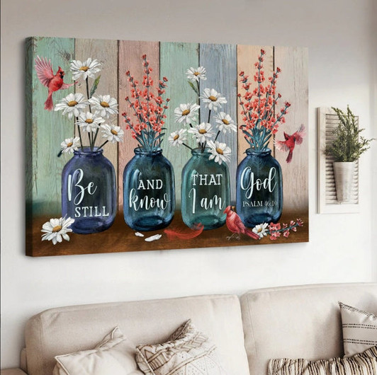 Red Apricot Blossom Daisy Flower Cardinal Be Still And Know That I Am God Canvas Wall Art - Christian Poster - Religious Wall Decor