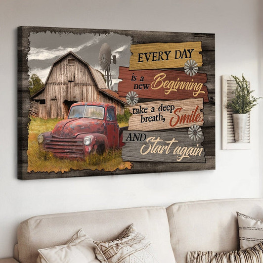 Old Car Wooden Barn Windmill Every Day Is A New Beginning Canvas Wall Art - Christian Poster - Religious Wall Decor