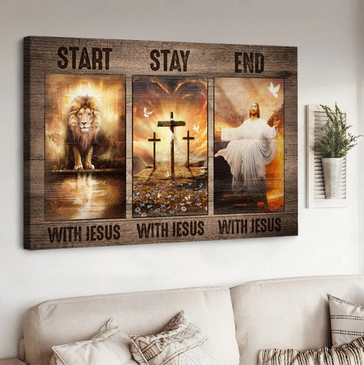 Lion Of Jesus Wooden Cross Start Stay End With Jesus Canvas Wall Art - Jesus Canvas Pictures - Christian Wall Posters