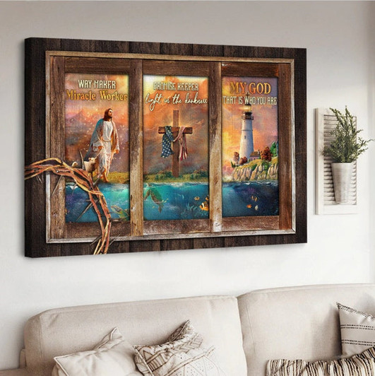 Jesus Painting Lighthouse Drawing Cross Way Maker Canvas Wall Art - Jesus Canvas Pictures - Christian Wall Posters