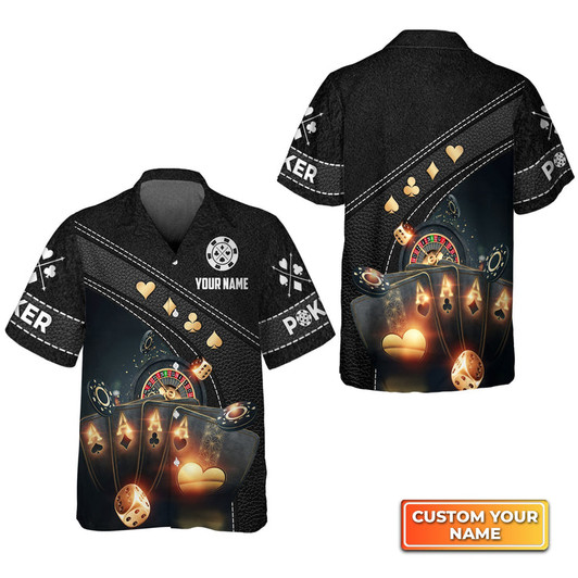 Custom Poker Quad Aces Black Leather Personalized Name 3D Hawaiian Shirt For Poker Players