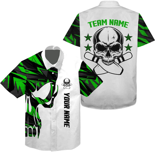 Custom Green And White Bowling Hawaiian Shirt Custom Name And Team Name Skull Bowling, Team Bowling Shirts