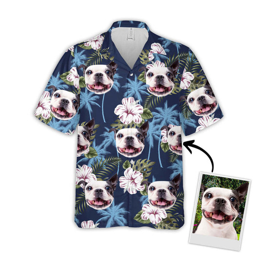 Custom Image Dog Blue Palm Tree and Flower Pattern Hawaiian Shirt, Gift for Dog Lovers