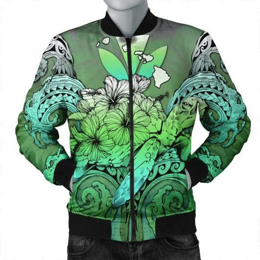 FUNSTUFFPRINT Hawaii Turtle Wave Polynesian Bomber Jacket – Hey Style Green – AH – J4R Bomber Jacket