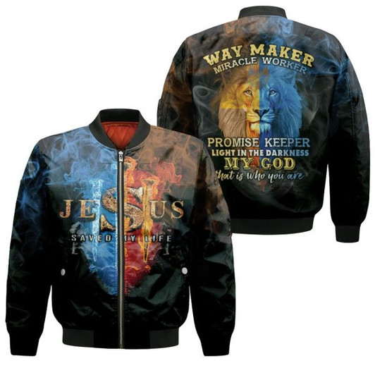 FUNSTUFFPRINTI  Jesus Save My Life Way Maker Miracle Worker Promise Keeper Light In The Darkness My God That Is Who You Are 3D Bomber Jacket