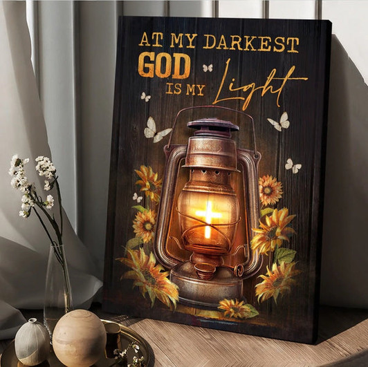 Vintage Lantern Sunflower God Is My Light Canvas Wall Art - Christian Wall Posters - Religious Wall Decor