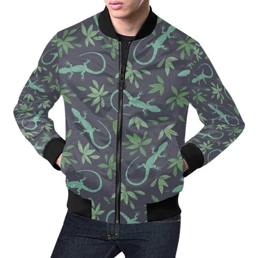 FUNSTUFFPRINTI Lizard Leaf Pattern Print Mens Bomber Jacket
