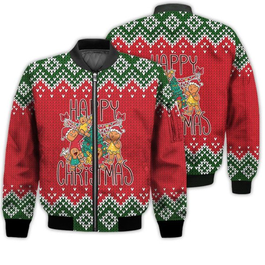 FUNSTUFFPRINTI Merry Christmas Gingerbread Cookies Christmas Retro Christmas Holiday Gifts Unisex 3D Bomber Jacket