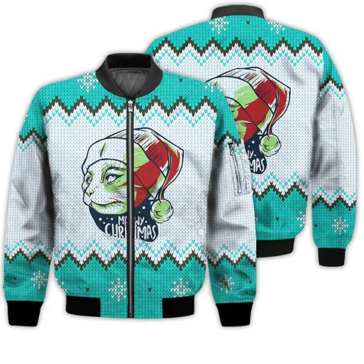 FUNSTUFFPRINTI Merry Christmas Meowy Retro Christmas Holiday Gifts Unisex 3D Bomber Bomber Jacket