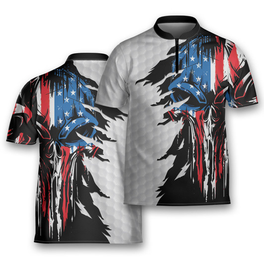 Flag Skull American Ripped Golf Golfing Mandarin Zipper Jersey 3D