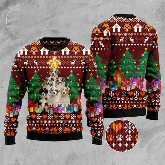 FUNSTUFFPRINT Australian Shepherd Pine Tree Ugly Christmas Sweater, Xmas Tree Sweater, Christmas Sweater  Ugly  Sweater