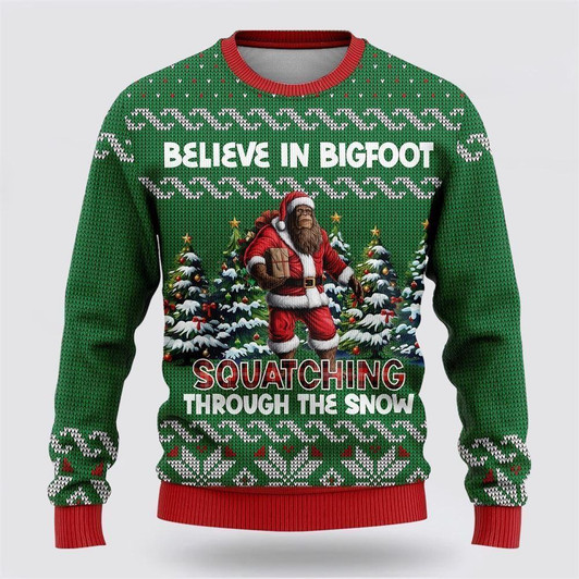 FUNSTUFFPRINT Bigfoot Squatching Through The Snow Ugly Christmas Sweater – Best Gift For Christmas Ugly  Sweater