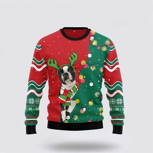 FUNSTUFFPRINT Boston Terrier Christmas Tree Ugly Sweater – Pet Lover Christmas Sweater Ugly  Sweater