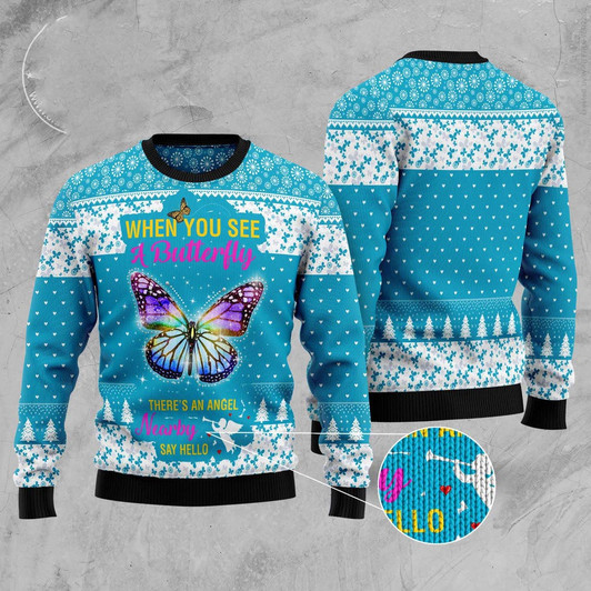 FUNSTUFFPRINT Butterfly Nearby Say Hello Ugly Christmas Sweater, Christmas Sweater, Ugly Sweater, Funny Xmas Sweaters Ugly  Sweater