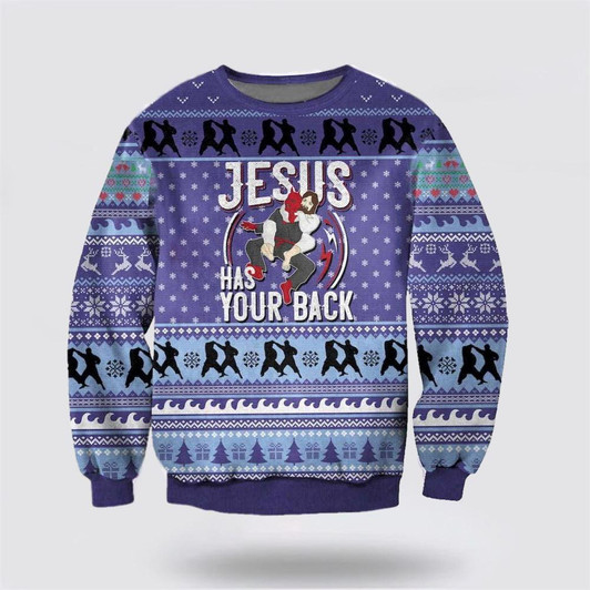 FUNSTUFFPRINT Christian Ugly Christmas Sweater, Jesus Has Your Back Ugly Christmas Sweater, Religious Christmas Sweaters Ugly  Sweater
