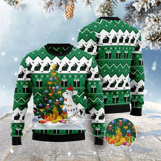 FUNSTUFFPRINT Christmas Tree Rabbit Ugly Christmas Sweater, Xmas Tree Sweater, Christmas Sweater Ugly  Sweater