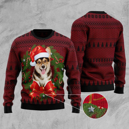 FUNSTUFFPRINT Corgi Wreath Ugly Christmas Sweater, Dog Ugly Christmas Sweater, Ugly Dog Sweaters Ugly  Sweater