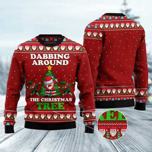 FUNSTUFFPRINT Dabbing Around The Christmas Tree Santa Claus And Goblin Ugly Christmas Sweater, Xmas Tree Sweater, Christmas Sweater Ugly  Sweater