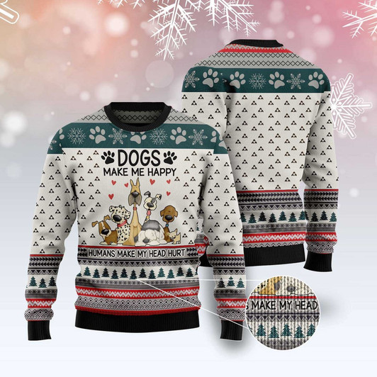 FUNSTUFFPRINT Dogs Make Me Happy Humans Make My Head Hurt Ugly Christmas Sweater, Dog Ugly Christmas Sweater, Ugly Dog Sweaters Ugly  Sweater
