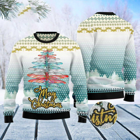 FUNSTUFFPRINT Dragonfly Color Christmas Tree Ugly Christmas Sweater, Xmas Tree Sweater, Christmas Sweater Ugly  Sweater