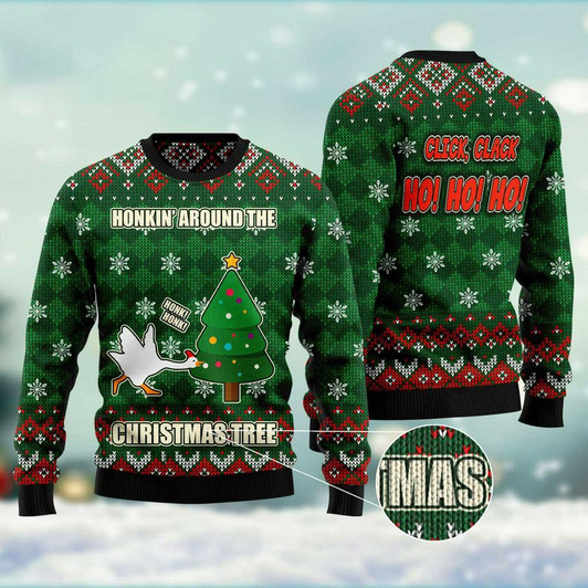 FUNSTUFFPRINT Duck Honkin Around Christmas Tree Ugly Christmas Sweater, Xmas Tree Sweater, Christmas Sweater Ugly  Sweater